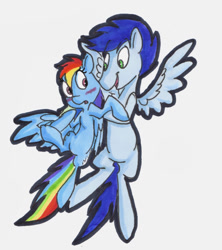 Size: 1170x1315 | Tagged: safe, artist:frankilew, rainbow dash, soarin', pegasus, pony, female, male, shipping, soarindash, straight, traditional art