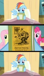 Size: 581x1000 | Tagged: safe, edit, edited screencap, screencap, rainbow dash, earth pony, pegasus, pony, read it and weep, bed, book, book cover, comic, hospital bed, meme, reading rainbow, richard nixon, screencap comic, train, vulgar