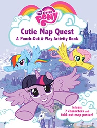 Size: 377x500 | Tagged: safe, derpibooru import, fluttershy, rainbow dash, twilight sparkle, twilight sparkle (alicorn), alicorn, pegasus, pony, book cover, cloud, cutie map quest, female, flying, map of equestria, mare, my little pony logo