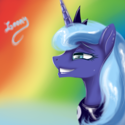 Size: 1000x1000 | Tagged: safe, artist:sa-loony, princess luna, alicorn, pony, bust, female, grin, happy, horn, jewelry, mare, portrait, regalia, smiling, solo, tiara