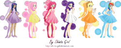 Size: 7103x2852 | Tagged: safe, artist:shinta-girl, derpibooru import, applejack, fluttershy, pinkie pie, rainbow dash, rarity, twilight sparkle, cleavage, clothes, dress, female, humanized, mane six, skinny