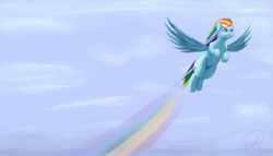 Size: 3333x1903 | Tagged: safe, artist:fauzart, derpibooru import, rainbow dash, pegasus, pony, flying, solo, wallpaper