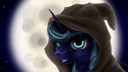 Size: 1024x576 | Tagged: safe, artist:sa-loony, princess luna, alicorn, pony, bust, female, grin, hood, horn, mare, moon, portrait, smiling, solo