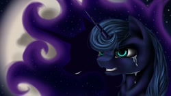 Size: 1192x670 | Tagged: safe, artist:sa-loony, nightmare moon, princess luna, alicorn, pony, bust, crying, female, grin, horn, mare, moon, portrait, smiling, transformation