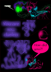 Size: 985x1385 | Tagged: safe, artist:didun850, king sombra, princess luna, oc, oc:chase, alicorn, earth pony, pony, umbrum, unicorn, comic:ask chase the pony, black background, comic, curved horn, dialogue, female, filly, glowing eyes, horn, lineart, male, mouth hold, shadow pony, simple background, stallion