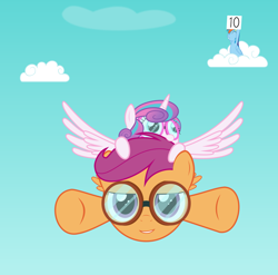 Size: 1742x1723 | Tagged: safe, artist:codename50, derpibooru import, princess flurry heart, rainbow dash, scootaloo, pegasus, pony, the crystalling, cloud, flying, glasses, vector, wings