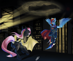 Size: 2151x1800 | Tagged: safe, artist:thegraid, derpibooru import, fluttershy, rainbow dash, bat pony, pony, batman v superman: dawn of justice, crossover, flutterbat