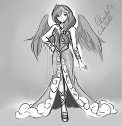 Size: 900x928 | Tagged: safe, artist:okami2506, rainbow dash, human, clothes, dress, gala dress, grayscale, humanized, monochrome, neo noir, partial color, solo, winged humanization