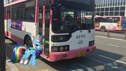 Size: 4800x2700 | Tagged: safe, artist:ratchethun, artist:woojintransfortation, derpibooru import, rainbow dash, armor, bus, helmet, irl, korean, photo, ponies in real life, south korea, vector