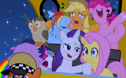 Size: 6400x4000 | Tagged: safe, artist:bipole, derpibooru import, applejack, fluttershy, owlowiscious, pinkie pie, rainbow dash, rarity, twilight sparkle, earth pony, pegasus, pony, unicorn, designated driver, drunk, drunk aj, drunk driving, drunk rarity, drunk twilight, drunker dash, drunkie pie, flirting, mane six, puking rainbows, restless legs syndrome, riding, sad, shocked, singing, sleeping, snoring, taxi, taxi driver, wine