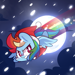 Size: 1000x1000 | Tagged: safe, artist:php56, rainbow dash, pegasus, pony, chibi, clothes, hat, moon, santa costume, santa hat, snow, snowfall, solo