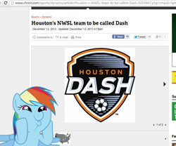 Size: 826x687 | Tagged: safe, rainbow dash, pegasus, pony, dashface, news, obligatory pony, ponies invading sports, solo