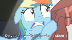 Size: 1280x721 | Tagged: safe, derpibooru import, screencap, rainbow dash, rarity, pegasus, pony, unicorn, rarity investigates, caption, out of context, subtitles