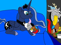 Size: 1024x768 | Tagged: safe, artist:wolfspiritclan, discord, princess luna, oc, oc:adean the draconequus, alicorn, draconequus, pony, age spell, baby draconequus, bodypaint, paintbrush, prank