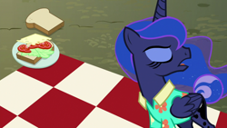 Size: 1920x1080 | Tagged: safe, screencap, princess luna, alicorn, pony, between dark and dawn, food, herbivore, picnic blanket, sandwich, solo, vegetarian