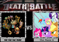 Size: 1008x720 | Tagged: safe, derpibooru import, applejack, fluttershy, pinkie pie, rainbow dash, rarity, twilight sparkle, earth pony, pegasus, pony, unicorn, death battle, donkey kong country, donkey kong country returns, mane six, tiki tak tribe