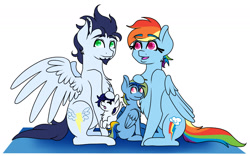 Size: 1992x1243 | Tagged: safe, artist:wildnature03, derpibooru import, rainbow dash, soarin', oc, oc:azure canvas, oc:moonbow, pegasus, pony, backwards cutie mark, family, female, goatee, male, offspring, old cutie mark, parent:rainbow dash, parent:soarin', parents:soarindash, shipping, simple background, soarindash, straight, white background