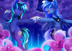 Size: 1841x1301 | Tagged: safe, artist:si1vr, princess luna, oc, alicorn, pony, canon x oc, dancing, dancing in the rain, female, flower, lesbian, rain, shipping