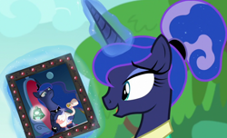 Size: 1280x780 | Tagged: safe, edit, edited screencap, screencap, princess luna, alicorn, bird, goose, pony, between dark and dawn, sparkle's seven, alternate hairstyle, bell, female, grogar's bell, luna petting goose, mare, photo, ponytail