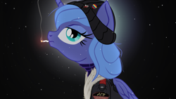 Size: 2667x1500 | Tagged: safe, artist:aaronmk, princess luna, alicorn, pony, button, cigarette, clothes, coat, hat, s1 luna, smoking, snow, solo, vector