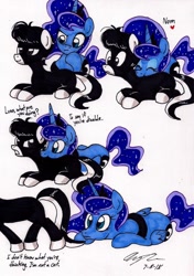 Size: 1348x1912 | Tagged: safe, artist:newyorkx3, princess luna, oc, oc:tommy junior, alicorn, earth pony, pony, behaving like a cat, engrish, simple background, traditional art, unamused, white background