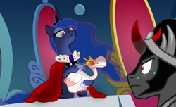 Size: 1280x780 | Tagged: safe, edit, edited screencap, screencap, king sombra, princess luna, alicorn, bird, goose, pony, unicorn, sparkle's seven, the beginning of the end, crown, female, intimidating, jewelry, laser, laser pointer, luna petting goose, male, mare, menacing, regalia, stallion