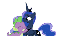 Size: 750x435 | Tagged: artist needed, safe, edit, editor:undeadponysoldier, princess luna, spike, alicorn, dragon, pony, crown, female, hug, jewelry, male, mare, regalia, shipping, simple background, spikelove, spiluna, straight, white background