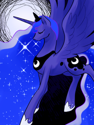 Size: 600x800 | Tagged: safe, artist:norang94, princess luna, alicorn, pony, eyes closed, female, mare, moon, solo, spread wings, wings