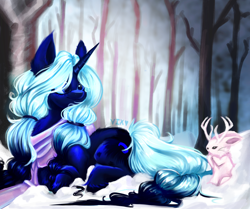 Size: 4008x3355 | Tagged: safe, artist:thewickedvix, princess luna, alicorn, pony, rabbit, alternate design, alternate hair color, alternate hairstyle, animal, cozy, cute, female, high res, jackalope, lunabetes, mare, prone, snow, tree, unshorn fetlocks, winter