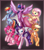 Size: 1053x1200 | Tagged: dead source, safe, artist:doekitty, derpibooru import, applejack, fluttershy, pinkie pie, rainbow dash, rarity, twilight sparkle, twilight sparkle (alicorn), alicorn, earth pony, pegasus, pony, unicorn, eye clipping through hair, female, mane six, mare, spread wings, wings