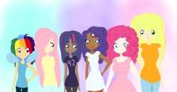 Size: 1024x531 | Tagged: safe, artist:ricekitty610, derpibooru import, applejack, fluttershy, pinkie pie, rainbow dash, rarity, twilight sparkle, clothes, dress, humanized, mane six, skinny, tanktop