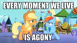 Size: 748x420 | Tagged: safe, derpibooru import, screencap, applejack, rainbow dash, earth pony, pegasus, pony, the crystal empire, agony, image macro, meme