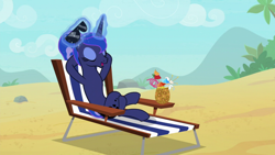 Size: 1920x1080 | Tagged: safe, screencap, princess luna, alicorn, pony, between dark and dawn, alternate hairstyle, beach, beach chair, coconut drink, crossed hooves, crossed legs, eyes closed, eyeshadow, female, glowing horn, hair bun, hooves behind head, horn, levitation, magic, magic aura, makeup, mare, open mouth, reclining, relaxing, satisfied, solo, stupid sexy luna, sunglasses, telekinesis, vacation, we don't normally wear clothes