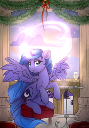 Size: 1279x1838 | Tagged: safe, artist:reterica, princess luna, alicorn, pony, champagne, champagne glass, female, glowing horn, horn, looking at you, magic, mare, sitting, solo, spread wings, wings