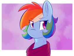 Size: 1024x782 | Tagged: safe, artist:shiny-cooler, derpibooru import, rainbow dash, pegasus, pony, abstract background, alternate hairstyle, blushing, bust, clothes, looking away, portrait, scarf, solo