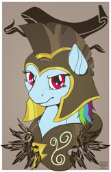 Size: 1024x1583 | Tagged: safe, artist:blindcoyote, commander hurricane, rainbow dash, pegasus, pony, hearth's warming eve (episode), armor, bust, clothes, costume, hearth's warming eve, helmet, portrait, solo