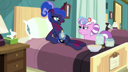 Size: 1920x1080 | Tagged: safe, screencap, nurse sweetheart, princess luna, alicorn, pony, unicorn, between dark and dawn, bed, duo, female, hair bun, hospital, magic, magic aura, mare, pillow, race swap, sunburn, telekinesis