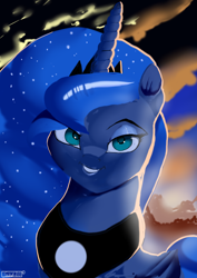 Size: 3508x4961 | Tagged: safe, artist:skyart301, princess luna, alicorn, pony, bust, cloud, female, looking at you, mare, portrait, sky, solo