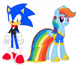 Size: 1930x1675 | Tagged: safe, artist:megaartist923, derpibooru import, rainbow dash, pegasus, pony, clothes, crossover, dress, simple background, sonic the hedgehog, sonic the hedgehog (series), tuxedo, white background