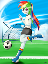 Size: 2500x3300 | Tagged: safe, artist:jabbie64, derpibooru import, rainbow dash, equestria girls, ass, ball, boots, clothes, compression shorts, cute, field, football, happy, open mouth, peace sign, rainbow socks, rainbutt dash, raised leg, remake, running, signature, smiling, socks, solo, sports, striped socks