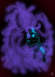 Size: 985x1385 | Tagged: safe, artist:didun850, princess luna, oc, alicorn, pony, abstract background, duo, female, filly, glowing eyes, grin, heterochromia, looking up, rearing, shadow pony, signature, smiling, sombra eyes, woona, younger