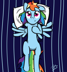 Size: 564x611 | Tagged: safe, artist:beepin, derpibooru import, rainbow dash, pegasus, pony, on back, pillow, solo