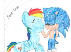 Size: 2340x1700 | Tagged: safe, artist:superdupertails, derpibooru import, rainbow dash, pegasus, pony, crossover, crossover shipping, eyes closed, female, interspecies, male, shipping, sonic the hedgehog, sonic the hedgehog (series), sonicdash, straight, traditional art