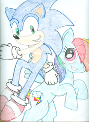 Size: 1700x2340 | Tagged: safe, artist:superdupertails, derpibooru import, rainbow dash, pegasus, pony, crossover, sonic the hedgehog, sonic the hedgehog (series), traditional art