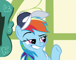 Size: 1354x1075 | Tagged: safe, screencap, rainbow dash, pegasus, pony, flight to the finish, dreamworks face, grin, hat, smug, solo, whistle