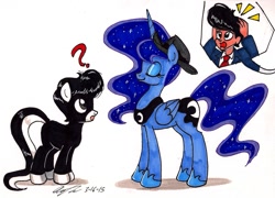 Size: 1710x1230 | Tagged: safe, artist:newyorkx3, princess luna, oc, oc:tommy, oc:tommy junior, alicorn, earth pony, human, pony, accessory theft, clothes, colt, female, hat, male, prank, question mark, suit, traditional art