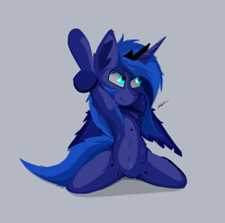 Size: 1808x1792 | Tagged: safe, artist:groomlake, princess luna, alicorn, pony, armpits, colored, crown, female, horn, jewelry, mare, regalia, simple background, smiling, solo, spots, stretching, wings