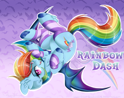 Size: 4090x3244 | Tagged: safe, artist:pvrii, derpibooru import, rainbow dash, bat pony, pony, bat ponified, clothes, leg warmers, race swap, rainbowbat, socks, solo, striped socks