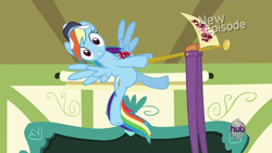 Size: 1920x1080 | Tagged: safe, screencap, ms. harshwhinny, rainbow dash, pegasus, pony, flight to the finish, coach rainbow dash, female, flag, flying, mare, ponyville flag, solo