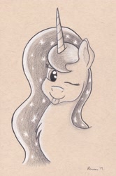 Size: 2125x3208 | Tagged: safe, artist:peruserofpieces, princess luna, alicorn, pony, bust, female, fluffy, horn, looking at you, one eye closed, pencil drawing, silly, smiling, solo, toned paper, tongue out, traditional art, wink